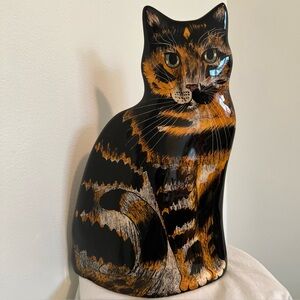 11” Cats by Nina Hand Painted Black Orange Tortie Calico Cat Vase Signed Folk